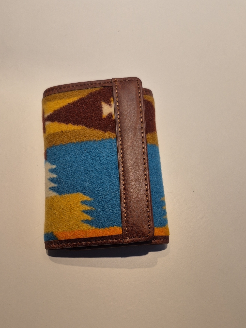 Pendleton Brown Leather & Patterned Blue/Yellow Fabric Bifold Wallet
